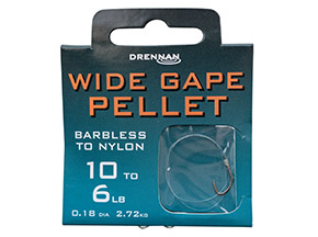 Drennan Wide Gape Pellet Barbless Hooks to Nylon