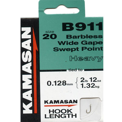 Kamasan B911 Barbless Wide Gape Hooks Light or Heavy Nylon Course Match Fishing